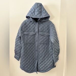 NWT LUCKY BRAND Steel Blue Quilted Button Down Puffer Jacket W/ Detachable Hood